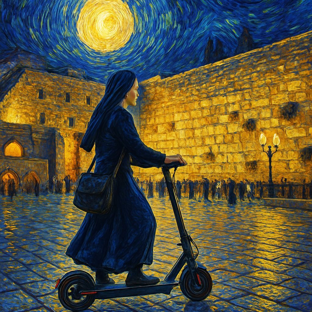 Jewish Woman Rides Scooter to Western Wall as Van Gogh Paint...