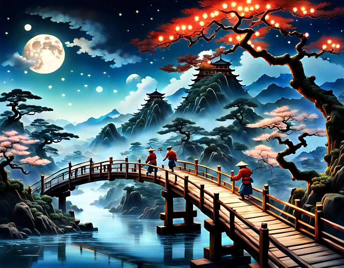 Cosmic Bridge: A Digital Matte Painting in Utagawa Hiroshige...