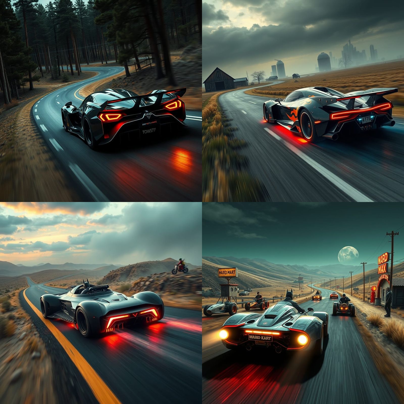 Mad Max Mario Kart supercar, cyberpunk, supercar, fast, Gotham Garage, batman, robin, joker, ironman, driving down a lon...