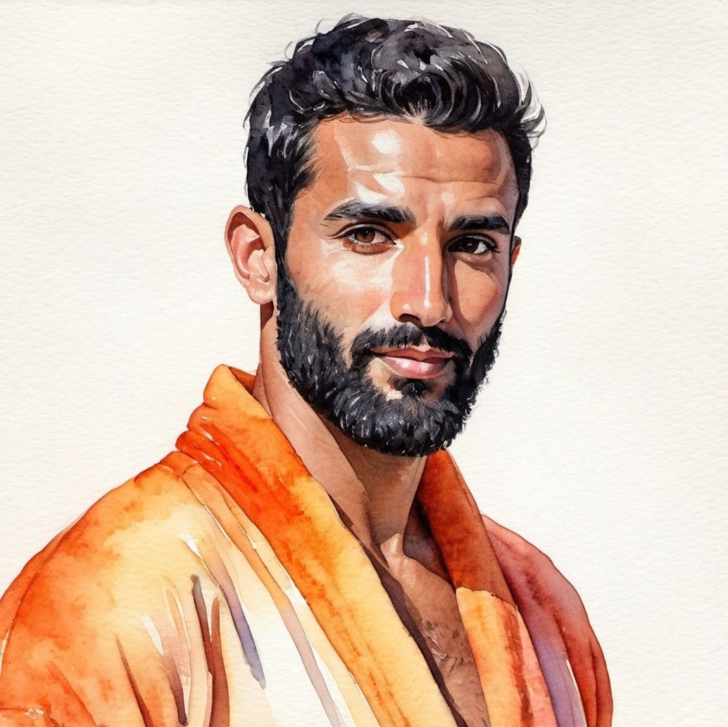 A handsome bearded man   wearing an orange bathrobe