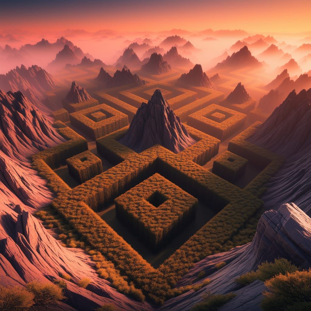A surreal mountain landscape where everything from trees, rocks to clouds is square shaped  by @Ura