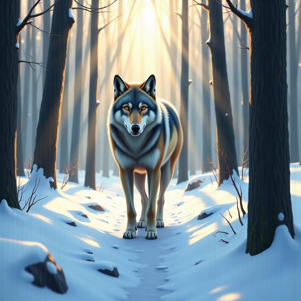 <lora:Realistic Digital:1.0> A close up of a wolf in a snowy forest paradise, soft sunlight filtering, wintry light, digital illustration 