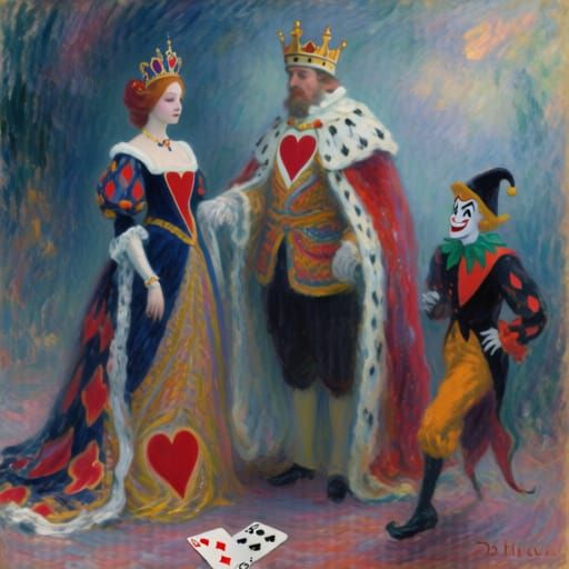 Impressionism. Playing cards reimagined,  A Queen of hearts standing next to the King of hearts. 