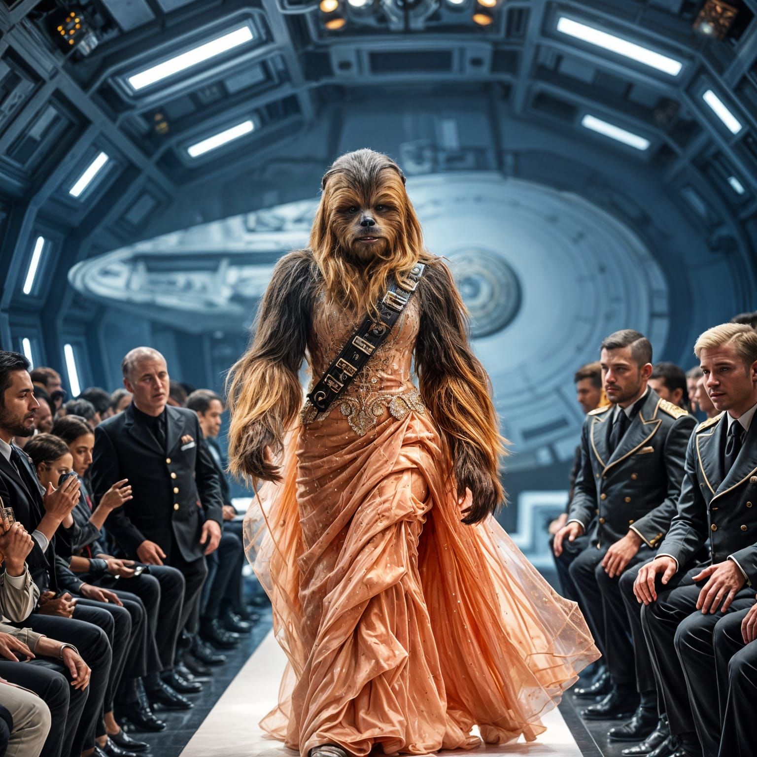 Chewbacca, resplendent in a bespoke, haute couture gown inspired by Dior, Channel  by @Dreamer in Hell