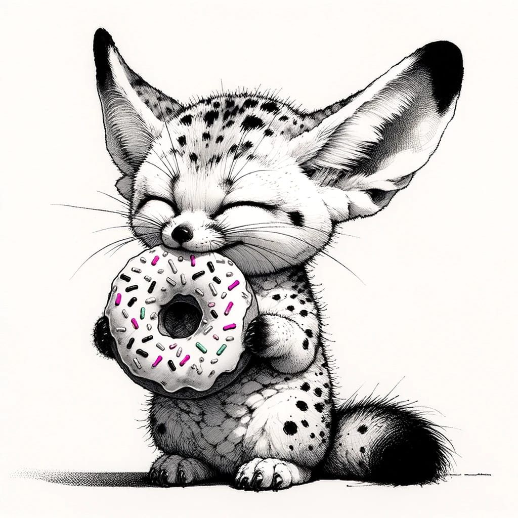 Cute fennec nibbling donut