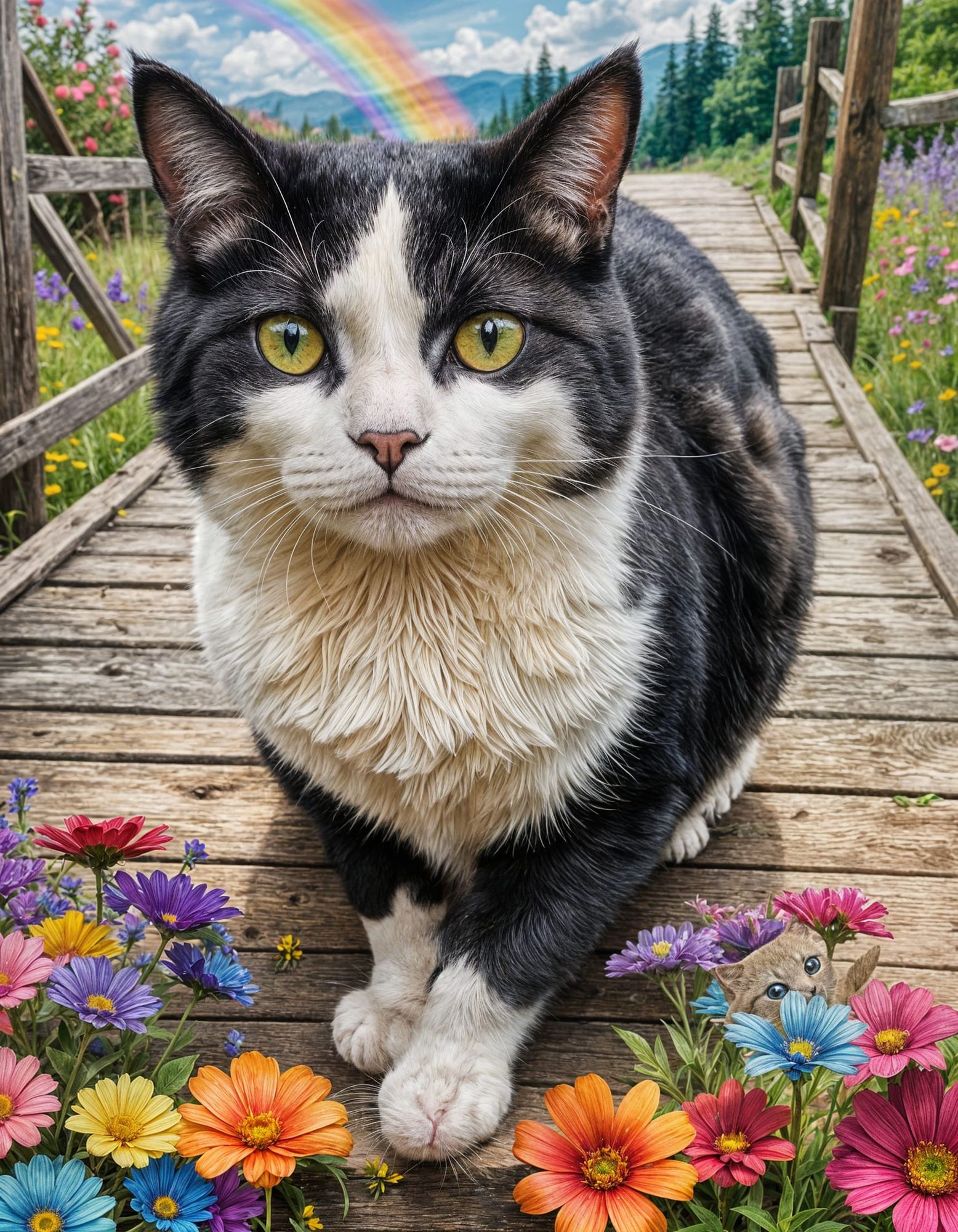 Double exposure of a tuxedo cat and an old wooden bridge with a field of  rainbow flowers, hyper realistic, alcohol ink, ultra detailed