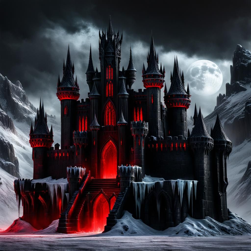 Black and red ice castle with gargoyles ultra realistic high...
