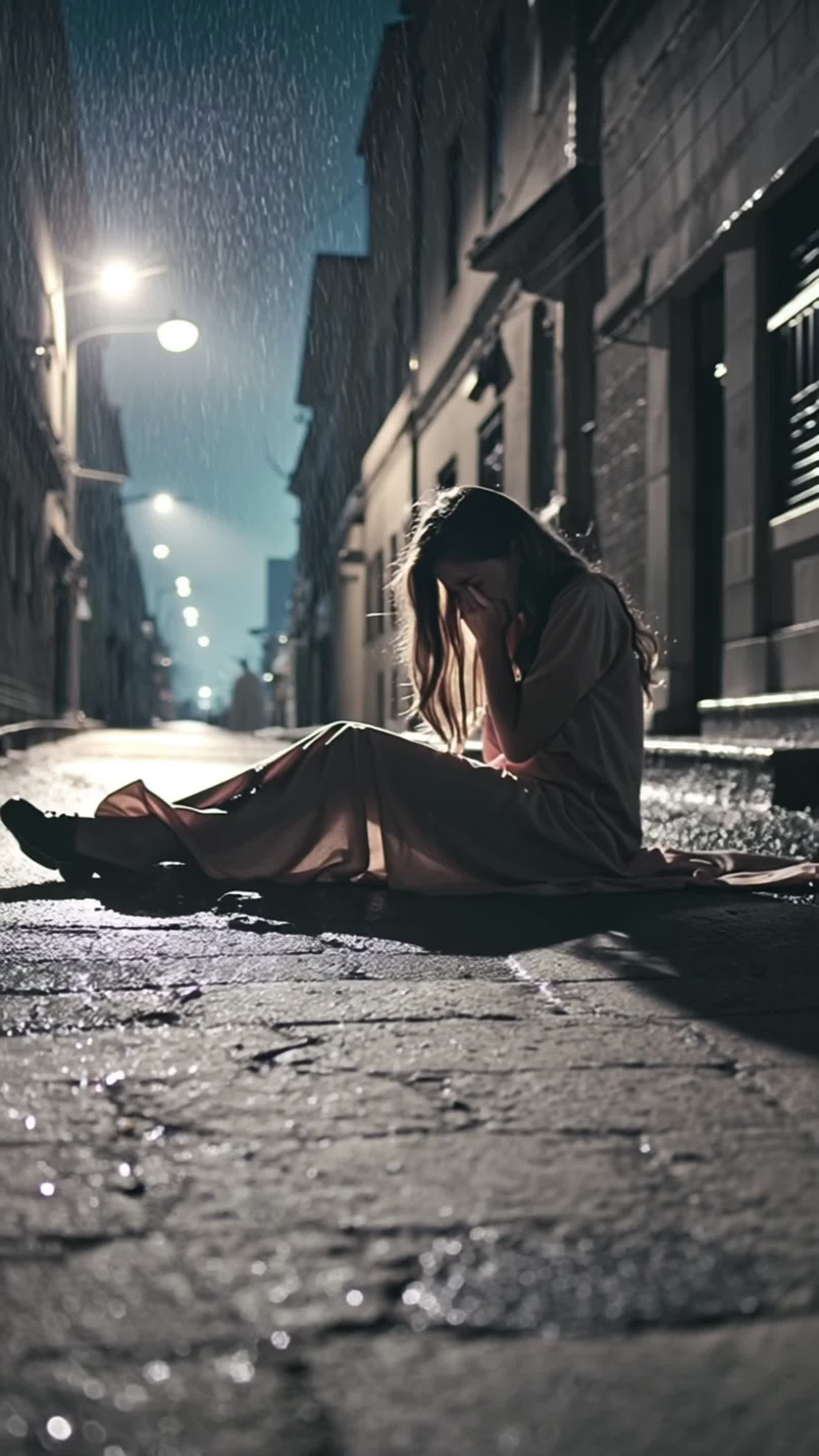 A realistic 3d style of A young woman sits alone on the cold pavement of a dark alley, crying, head buried in her knees....