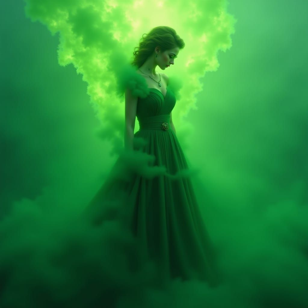 green woman and green rose of green fire and green fog <lora:The Green of Red:1.0>