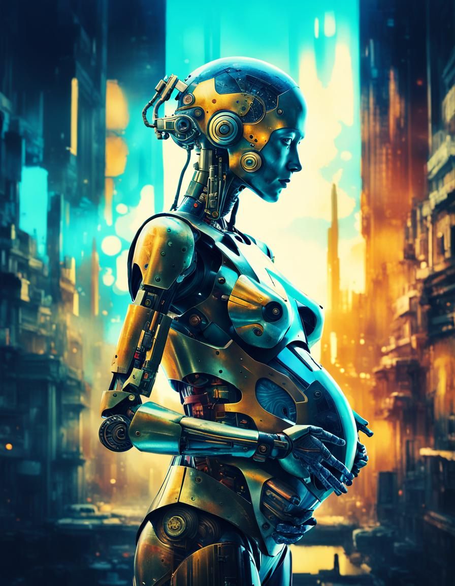 Cyborg Motherhood in Dystopian Cyberpunk Double Exposure
