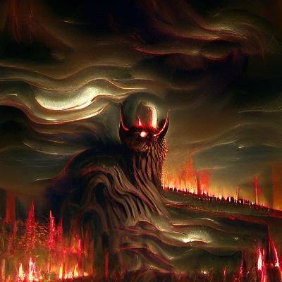 A malevolent god stares down at a burning earth