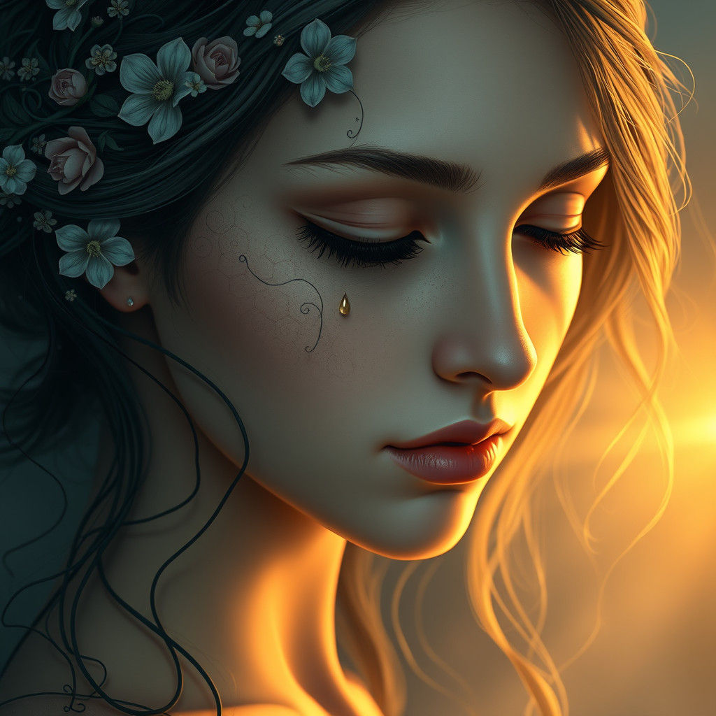 Melancholy Woman Portrait with Florals in Art Nouveau Style