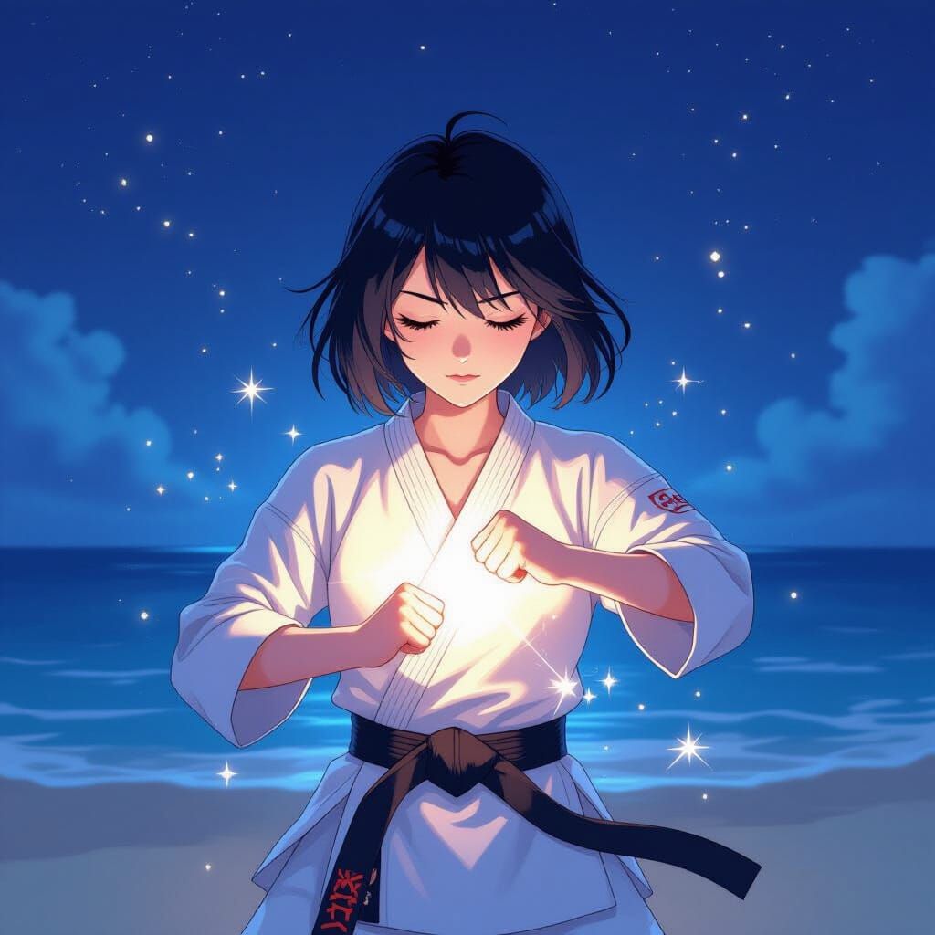 Anime Woman Concentrates Ki on Moonlit Beach
