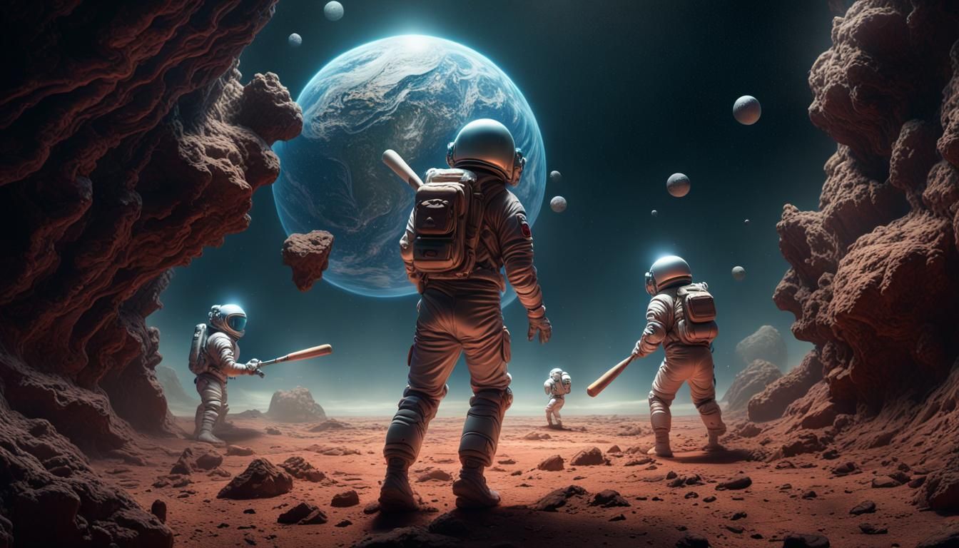 Spacemans play Baseball with asteroid, CompositionEpic cinematic brilliant stunning intricate meticulously ...  by @undefined