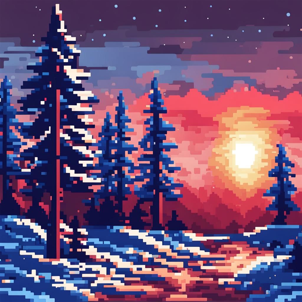 pixel art winter white snow pine forest sunset blue sunset red light ...