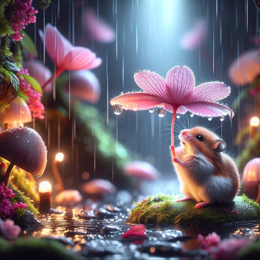 Fantasy Hamster Under a Delicate Umbrella in Dreamlike Setti...