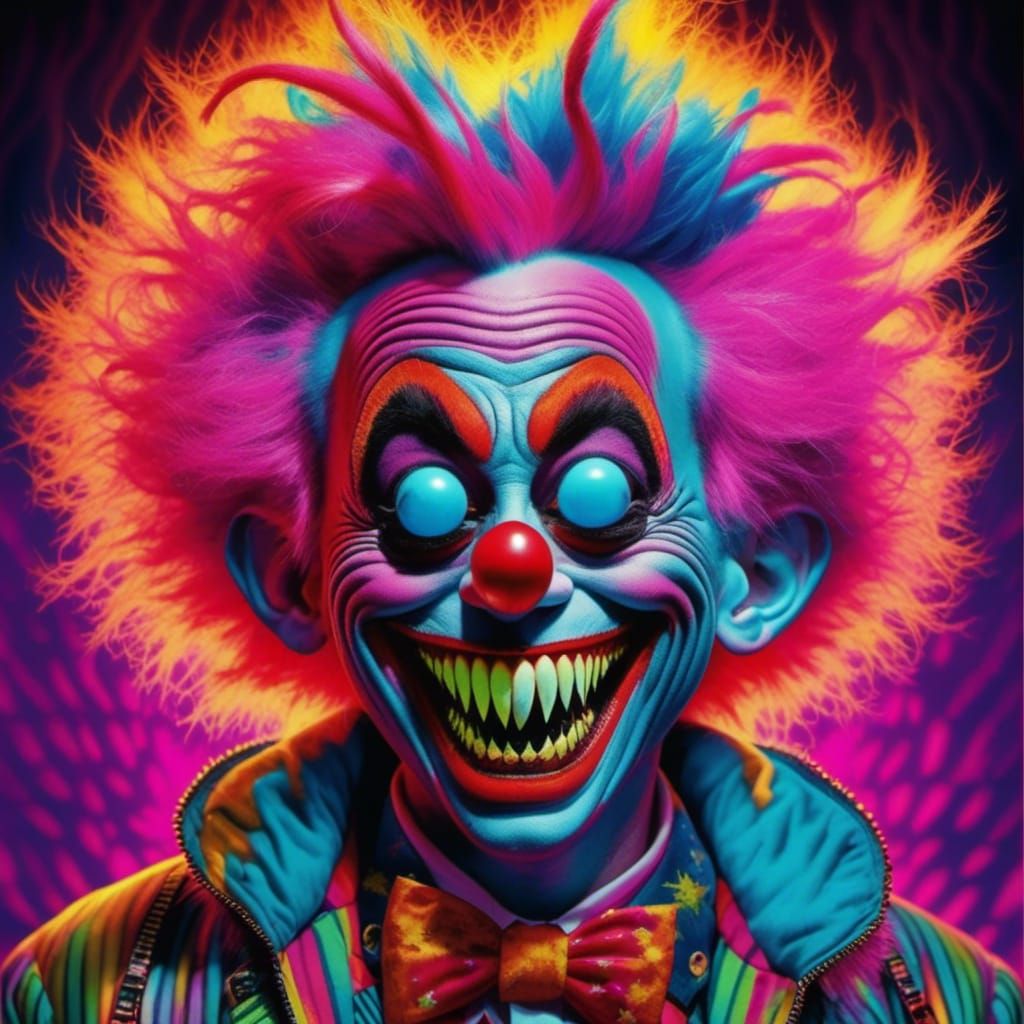 <lora:Cartoonishly Evil:1.0> Forces of Evil in a Bozo Nightmare., colorful, rough neon, cartoonishly evil, Bright , sharp, hyperdetailed, c...