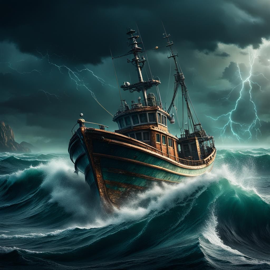 fishing boat on a stormy sea with a spaceship overhead - AI Generated ...