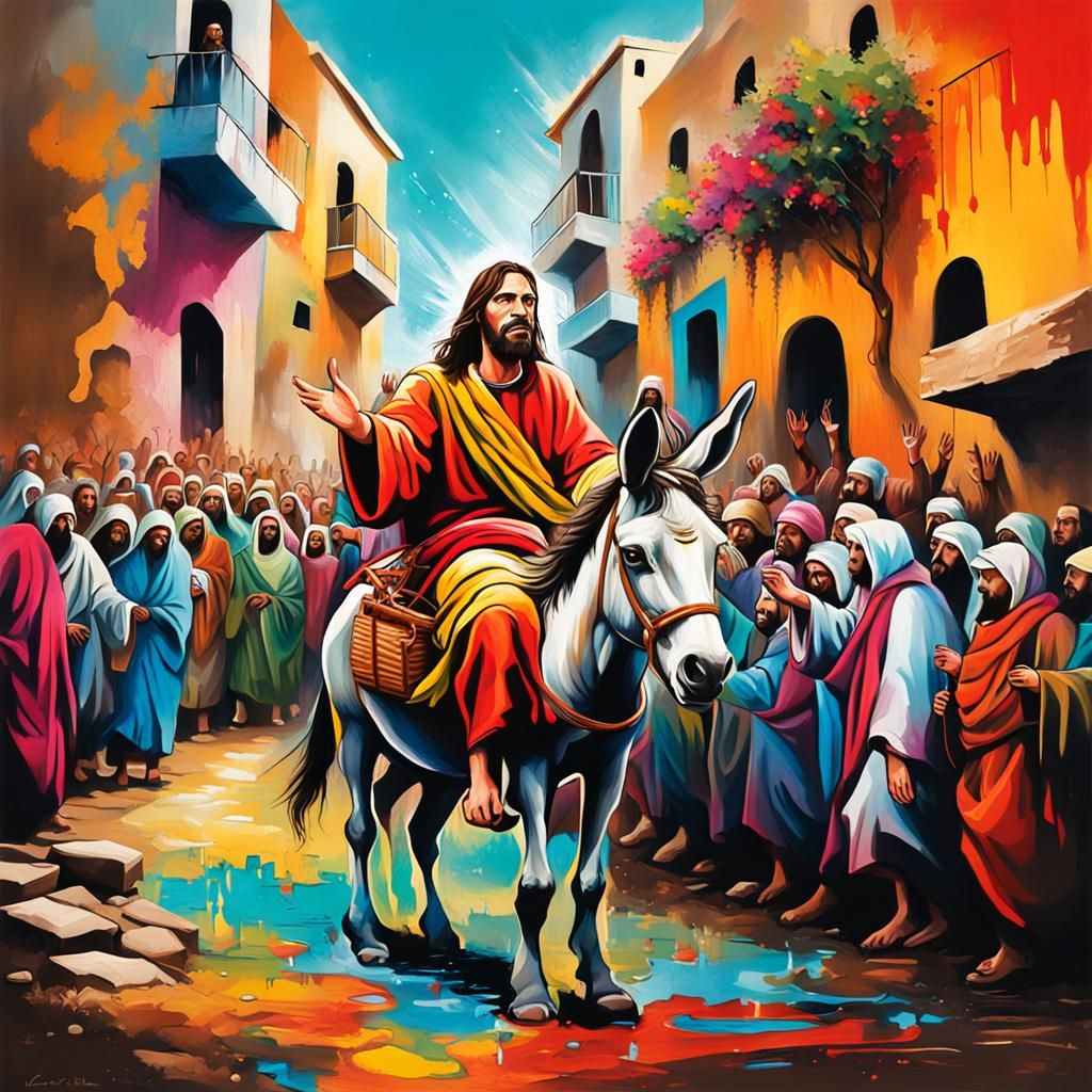Jesus entering jerusalem on a donkey ai generated artwork nightcafe