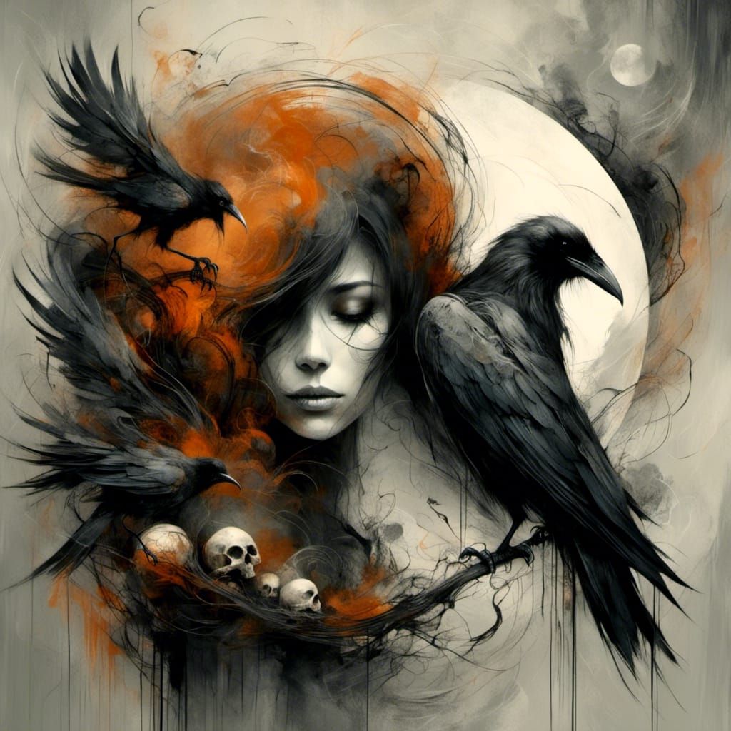  <lora:Marble:1.0> She believes in me, raven, skull, smoke