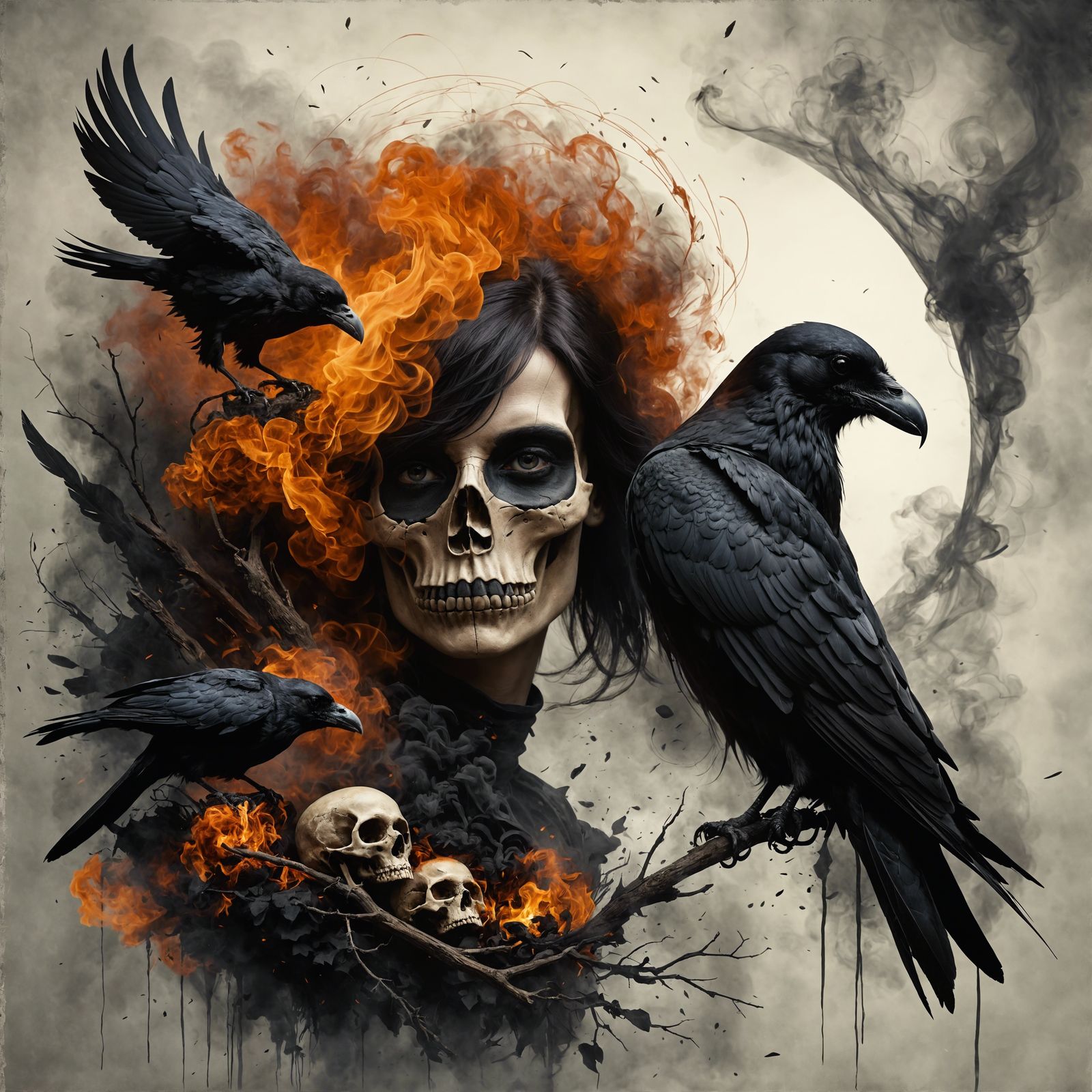 <lora:Marble:1.0> She believes in me, raven, skull, smoke