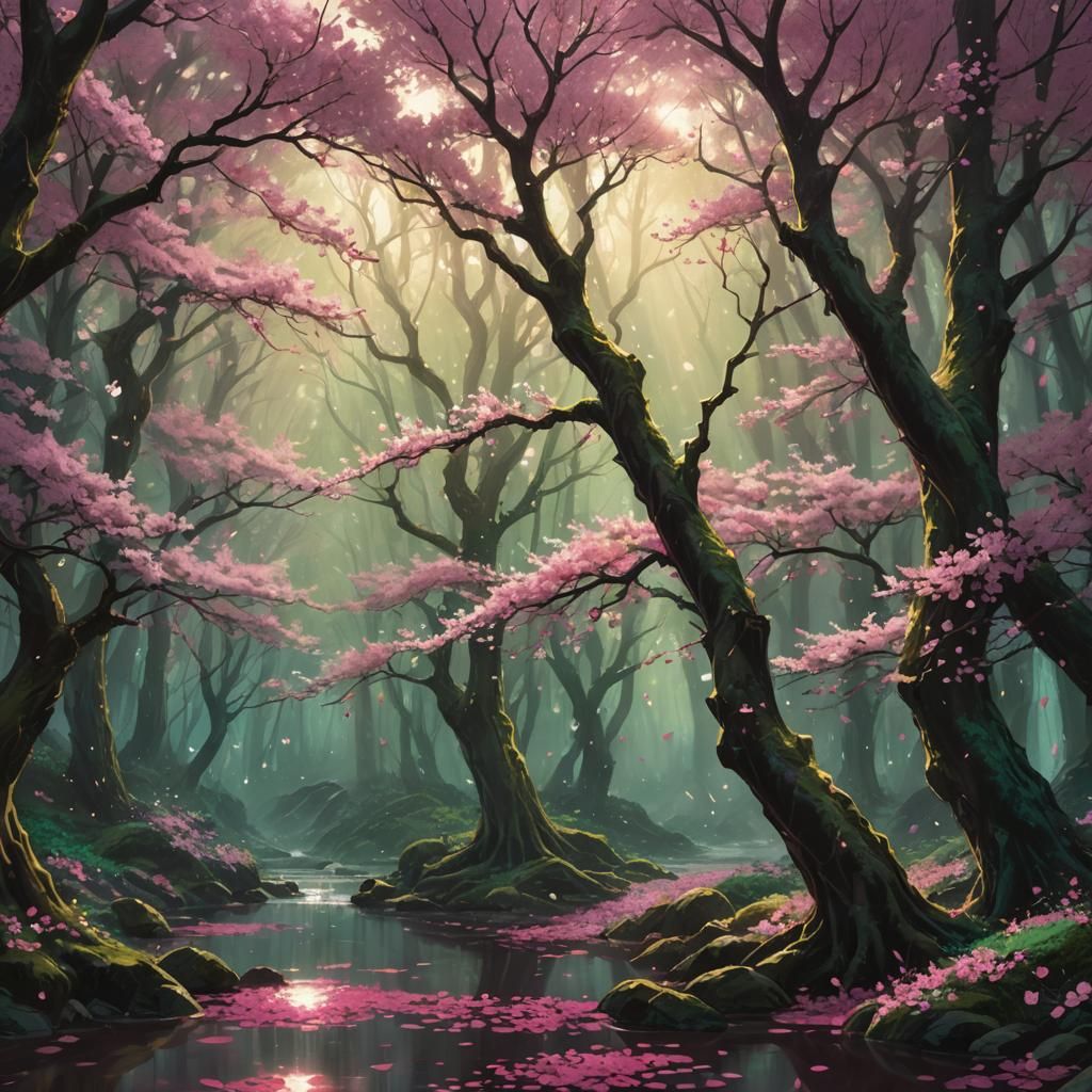 Cherry blossom leaves raining down in a forest