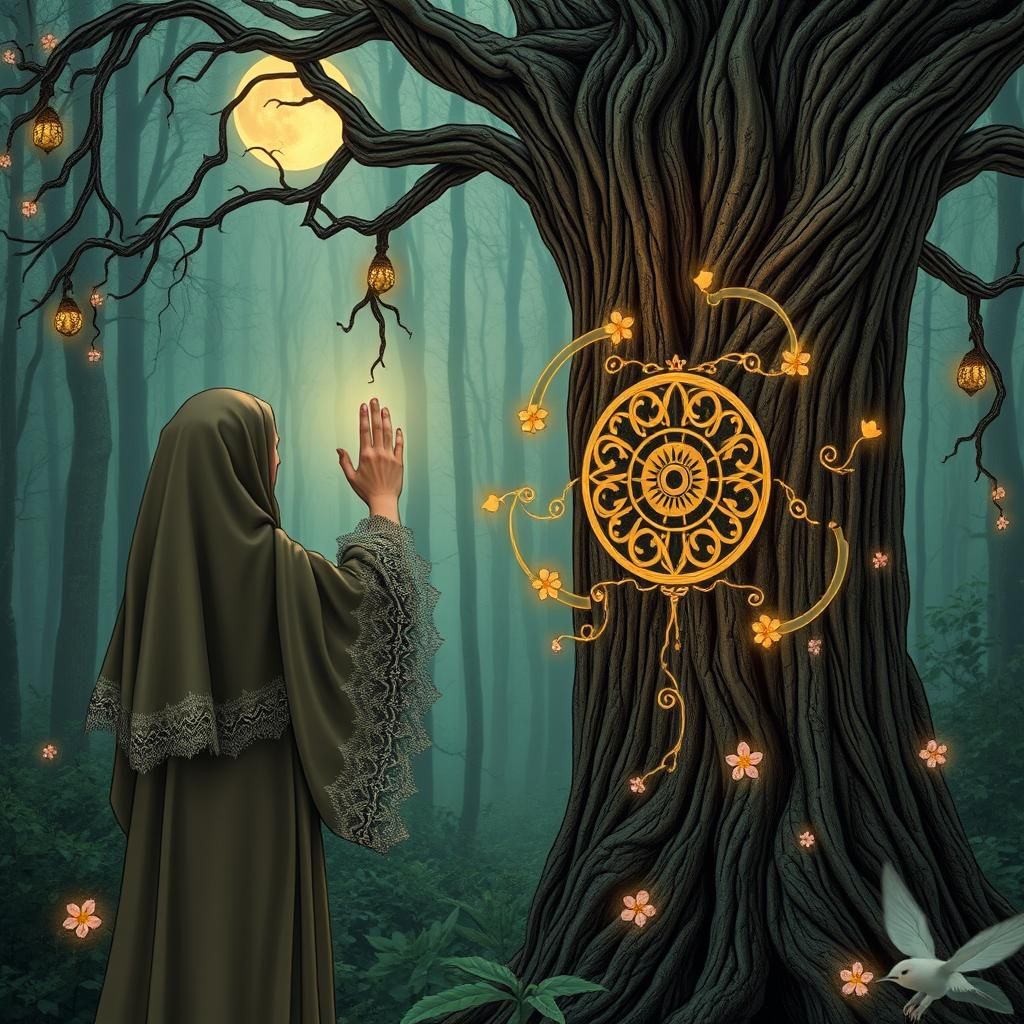A person knocking on an ancient wooden tree in a magical for...
