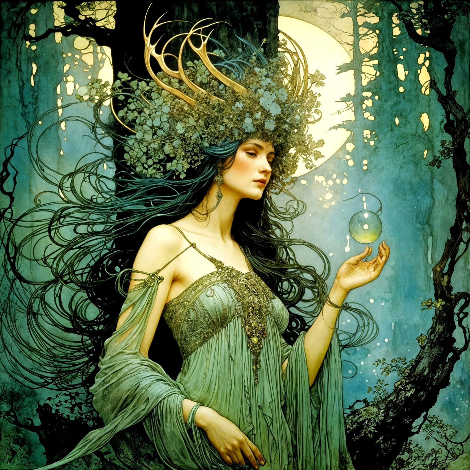 Mystical Finnish God Tapio in Oil, Inspired by Arthur Rackha...