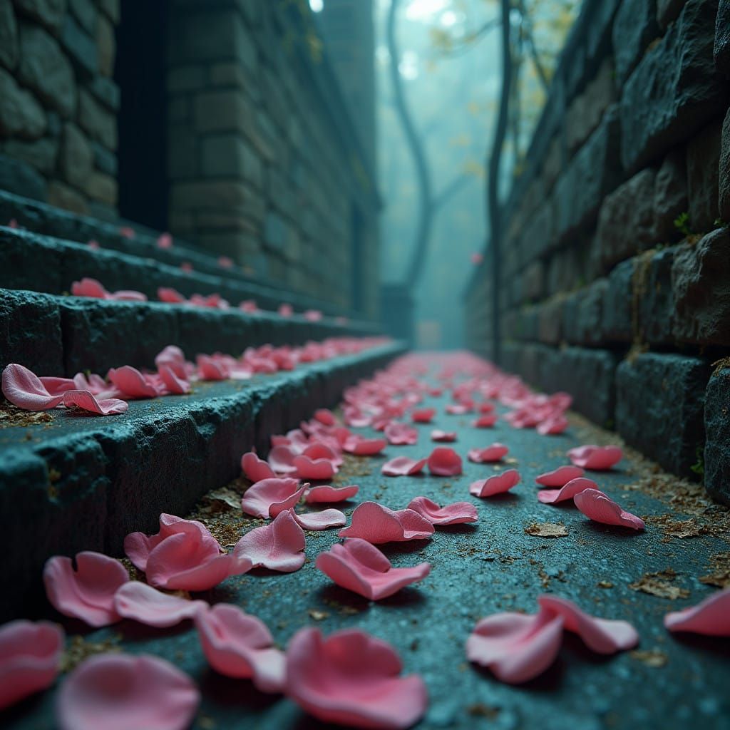 Surreal Rose Petals Scatter Across Ancient Stone Floor in a ...