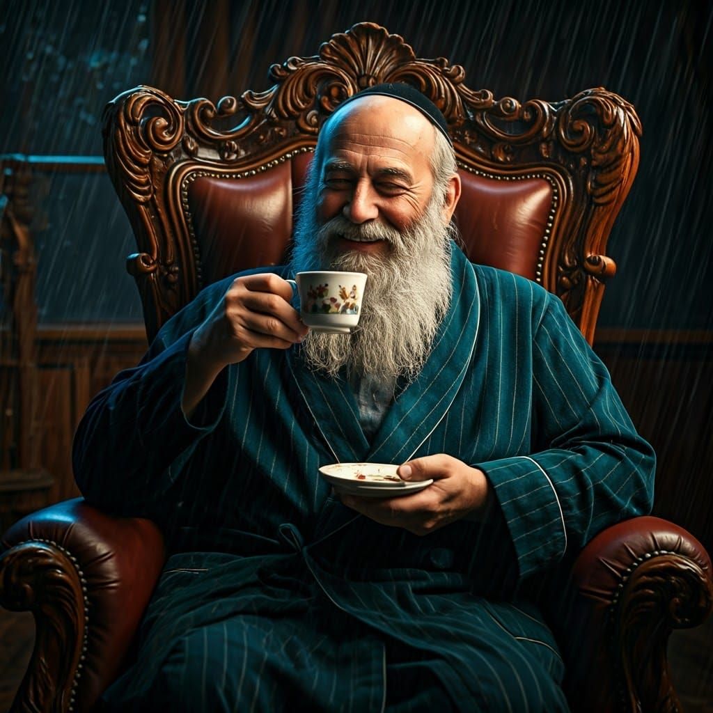 Hasidic Scholar Sits in Whimsical Nighttime Study