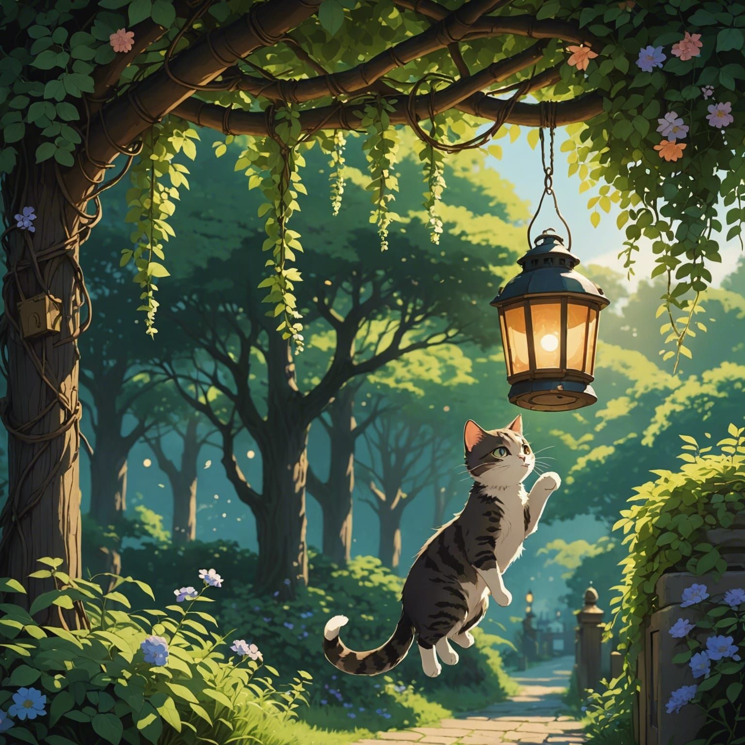 A kitty hanging on a lantern out side with vines flowers and...
