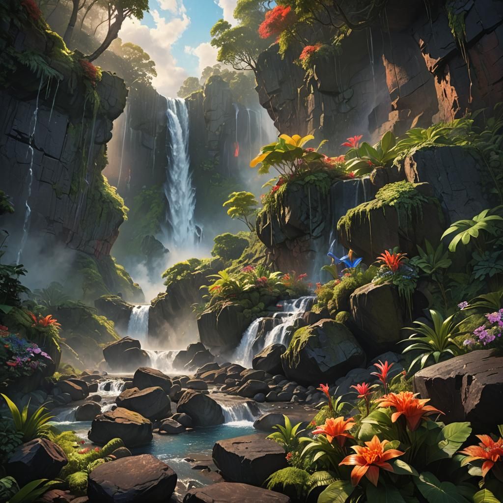 Lush Waterfall Scene in Fantasy Concept Art Style
