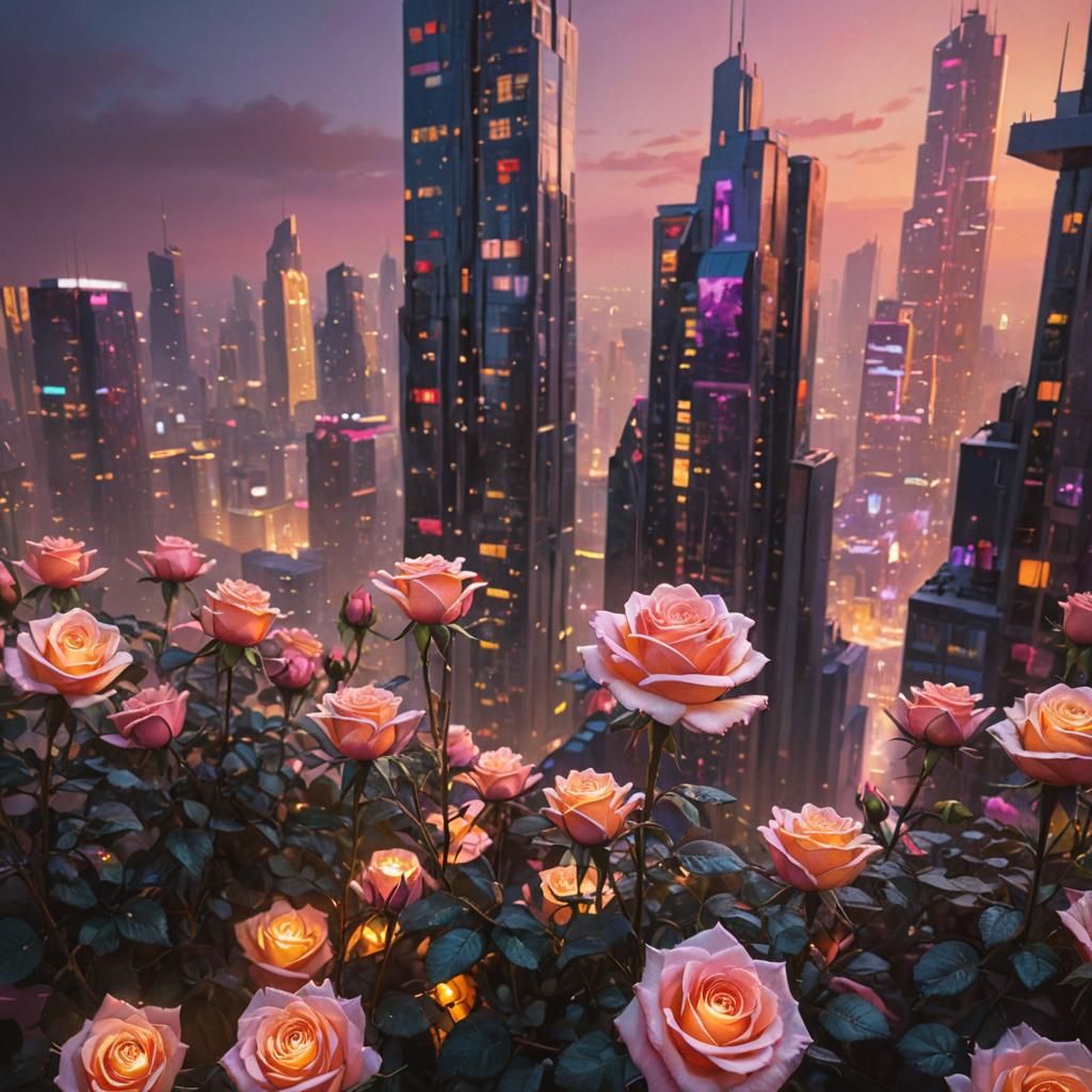 Futuristic City Inside Rose: Vibrant Oil Painting