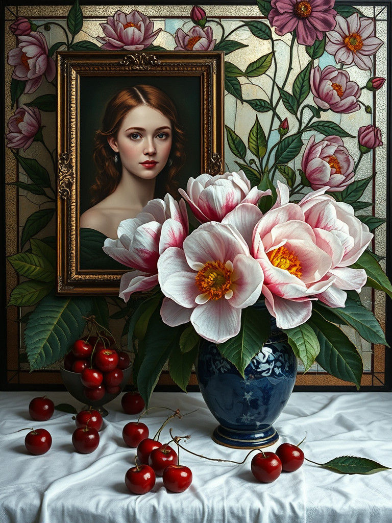 Still Life with Portrait,  Bella Kotak  Stained Glass,  Dreamy Floral  MAGNOLIA BLOSSOMS,  Cherries,  Ellen von Unwerth  by @Sassy Sheri