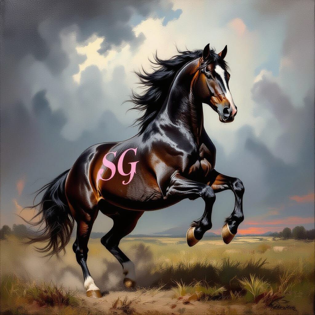 A black horse with a white nose marking rearing with pink lettering that say SG in cursive on the left side of the horse.