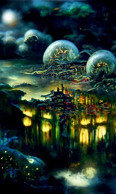 A forest ghost city with hyperdetailed painting of buildings...