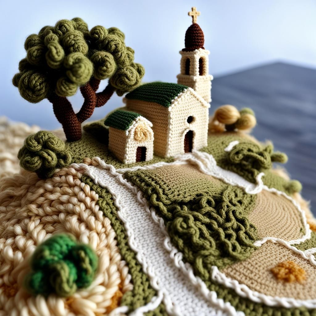 Crochet art, Only crafted from yarn, greek landscape with ch...