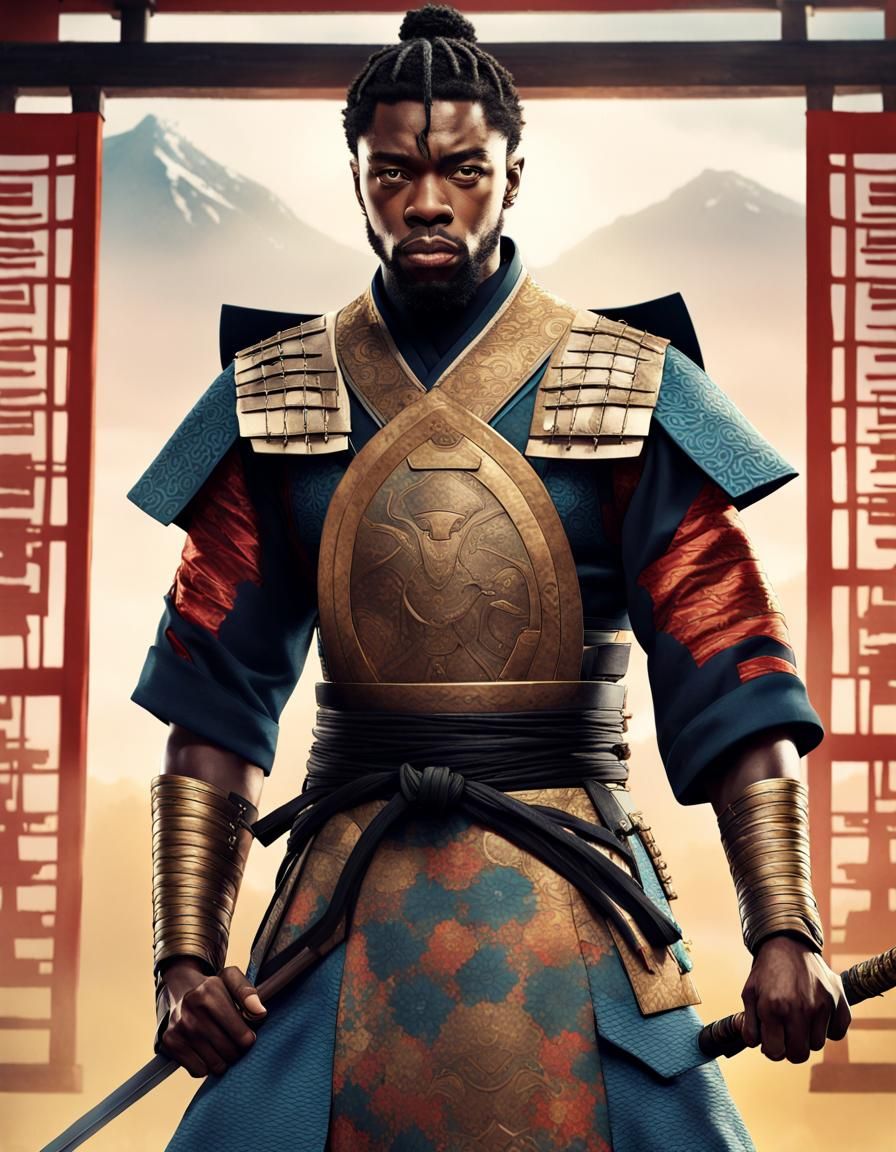 Chadwick Boseman, T'Challa, Black Panther dressed as a Medieval Japanese samurai in Japan, action scene, Marvel Studios,...