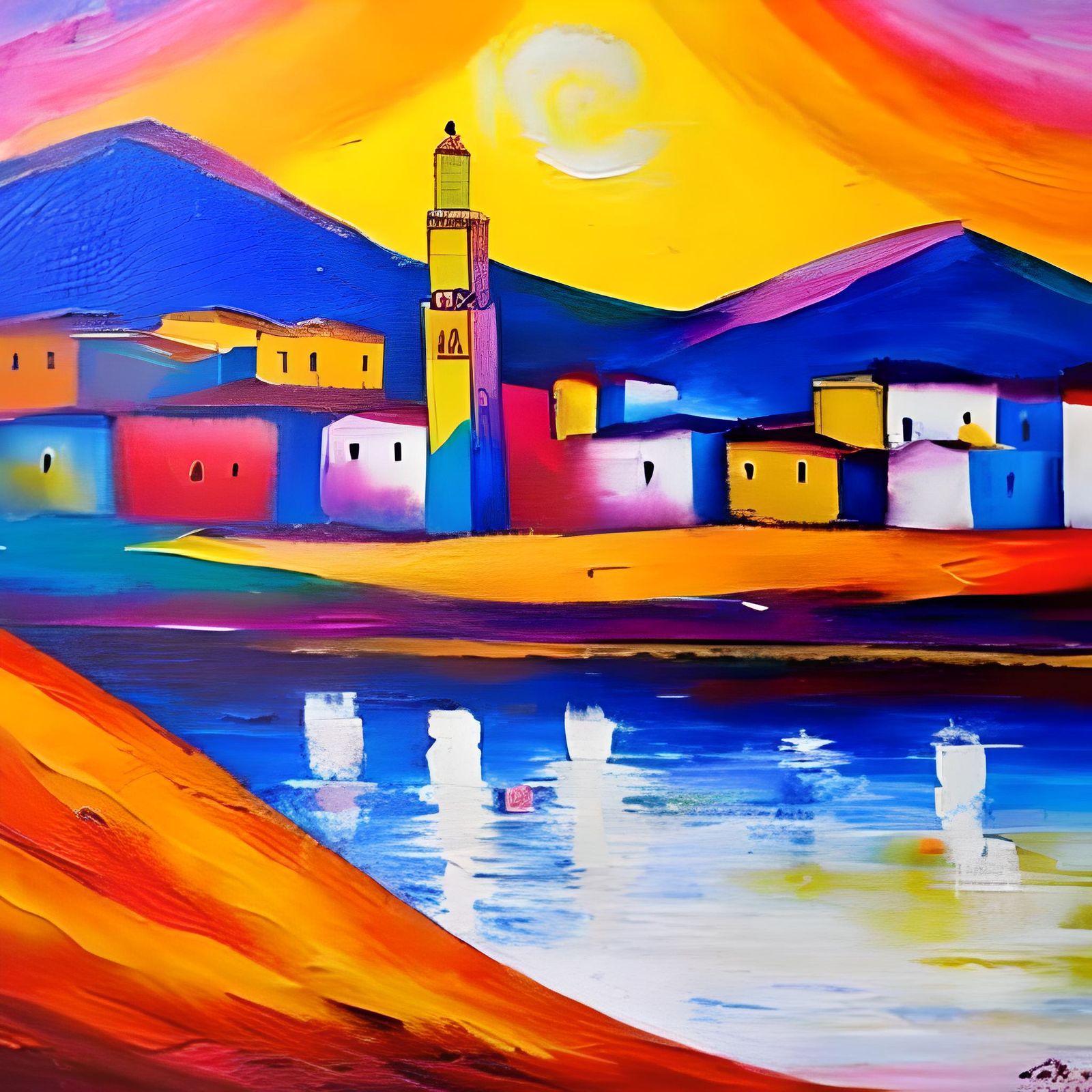 Oil painting of a village