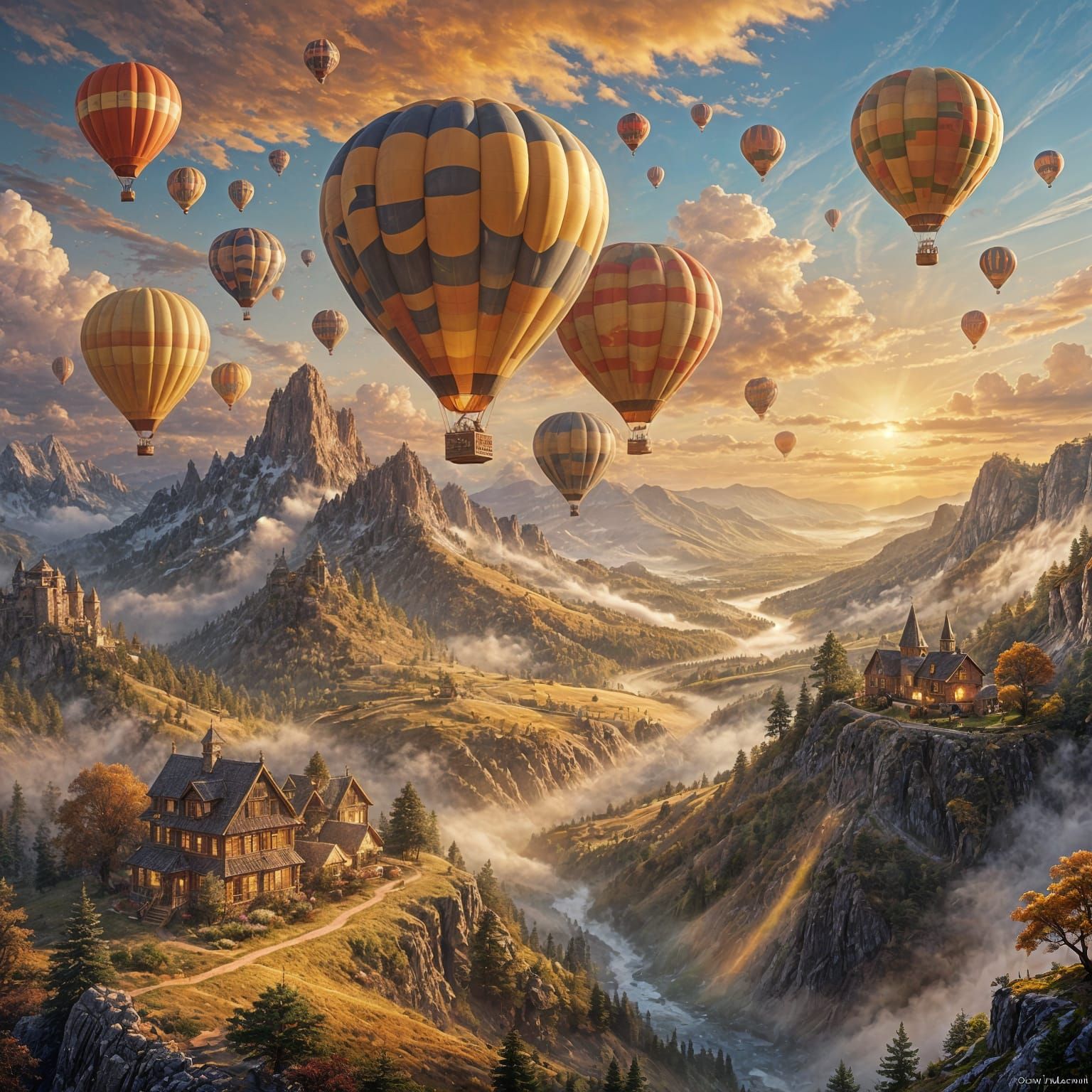 Hot air balloons drifting peacefully above glowing clouds  by @theArchairez