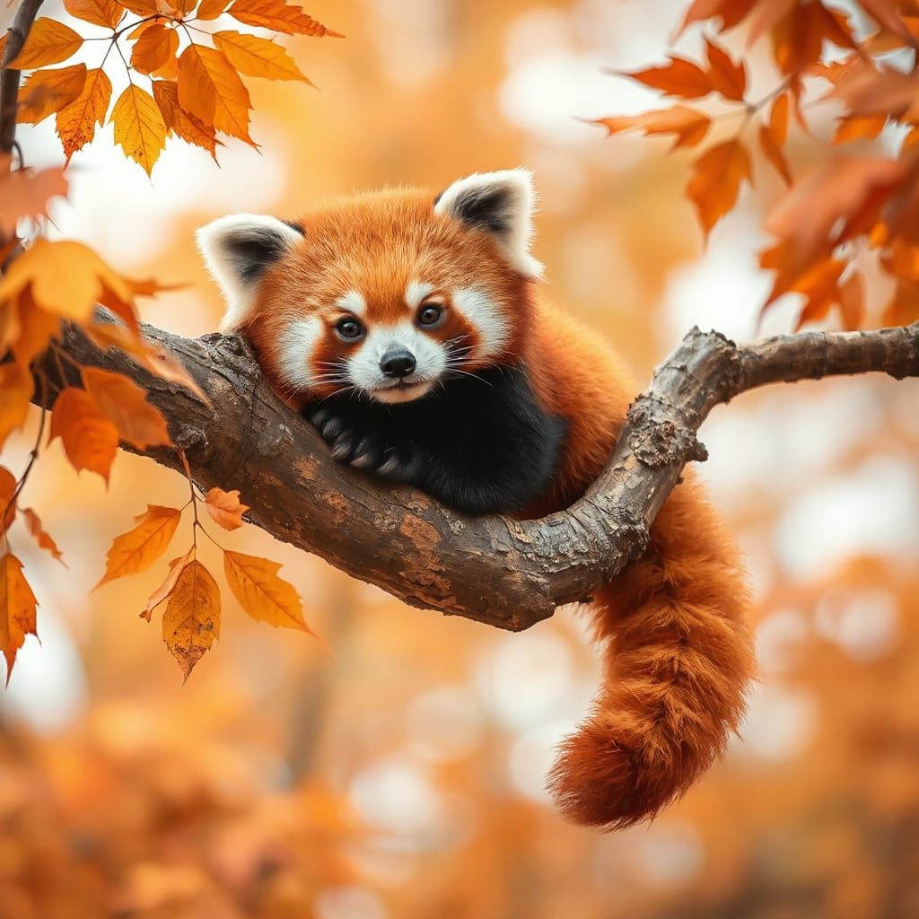 A sweet red panda rests peacefully on the branch of a tree, its fluffy tail hanging like a fiery brushstroke ...  by @Open Mind Lover 