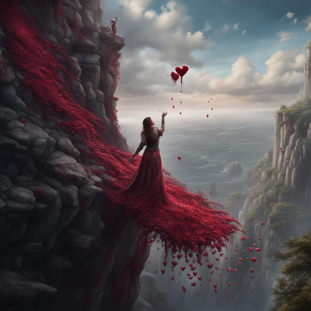 Woman throwing bleeding heart away from a cliff