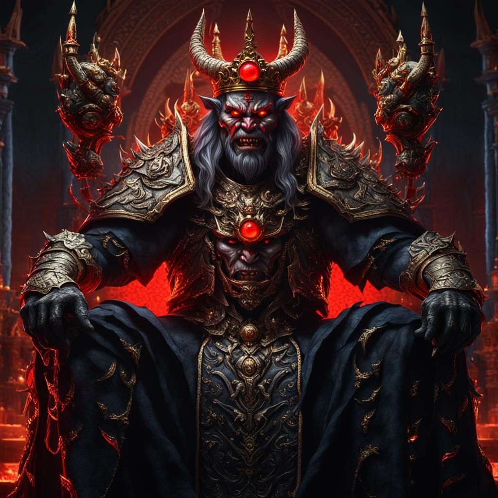 head and shoulder portrait of a majestic evil oni king with glowing red ...