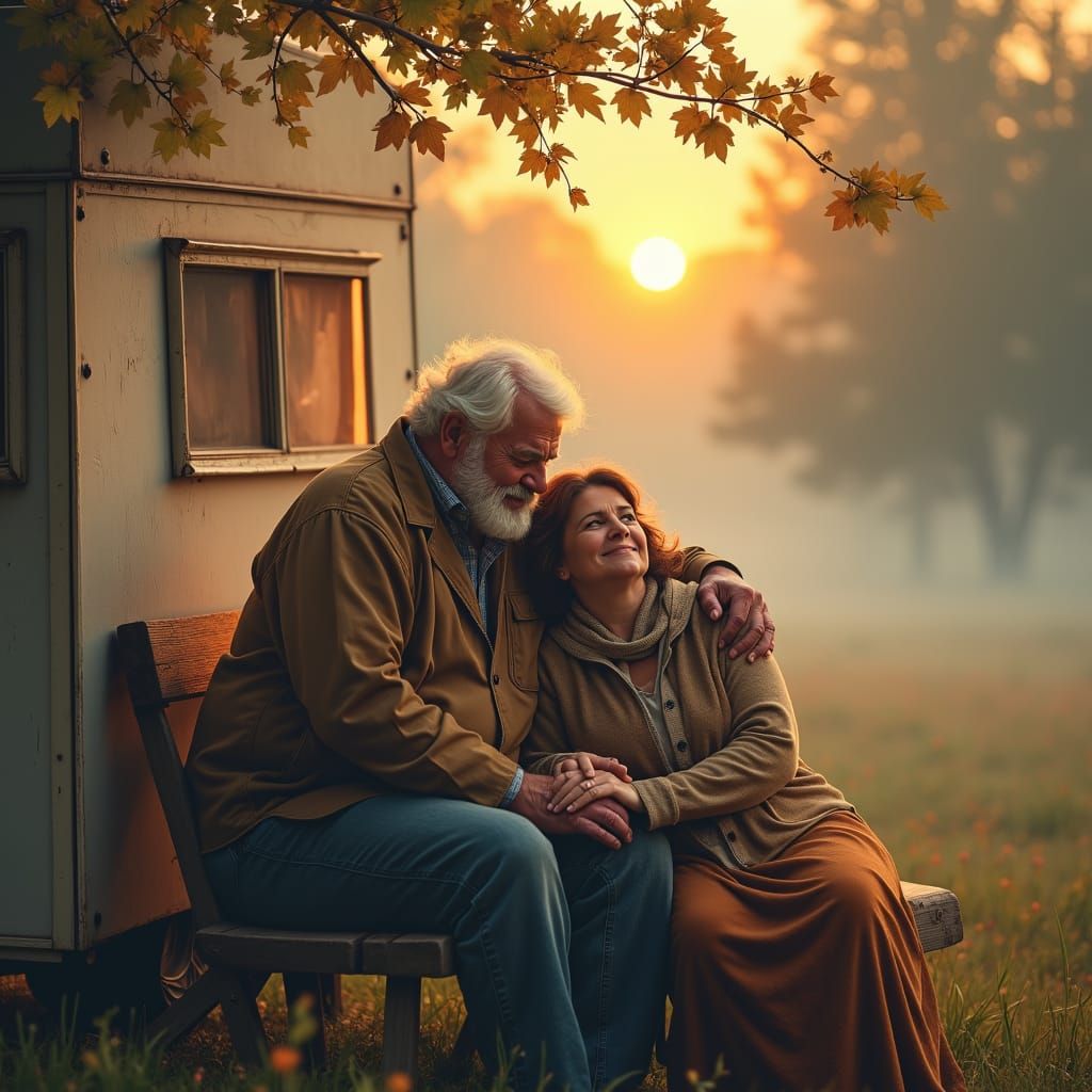 a heavy old man looks at his heavy wife, leaning on his arm,...