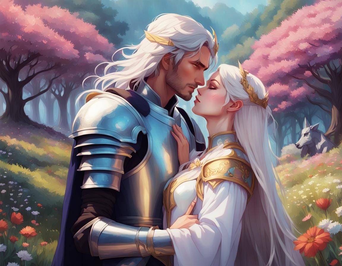 the last unicorn amalthea anime girl with ankle-lenght white hair and white pale skin extra slim prince lir blonde hair in a knight armor on...