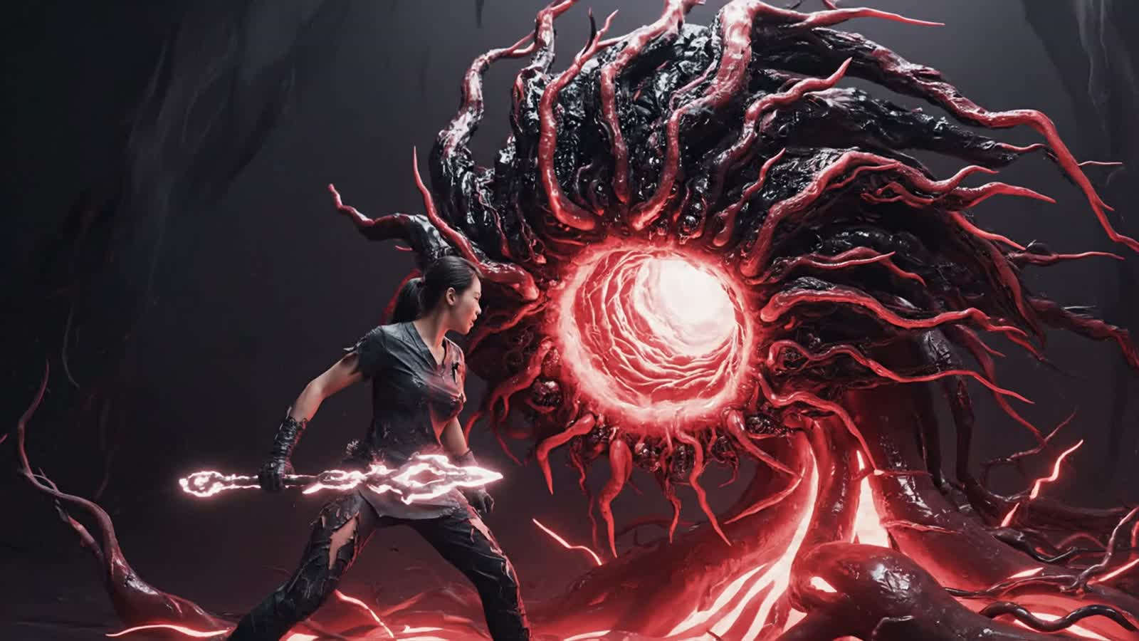 A nurse heroically confronts the swirling, abstract horrors of a ruptured aorta, personified as a tempest of crimson and...