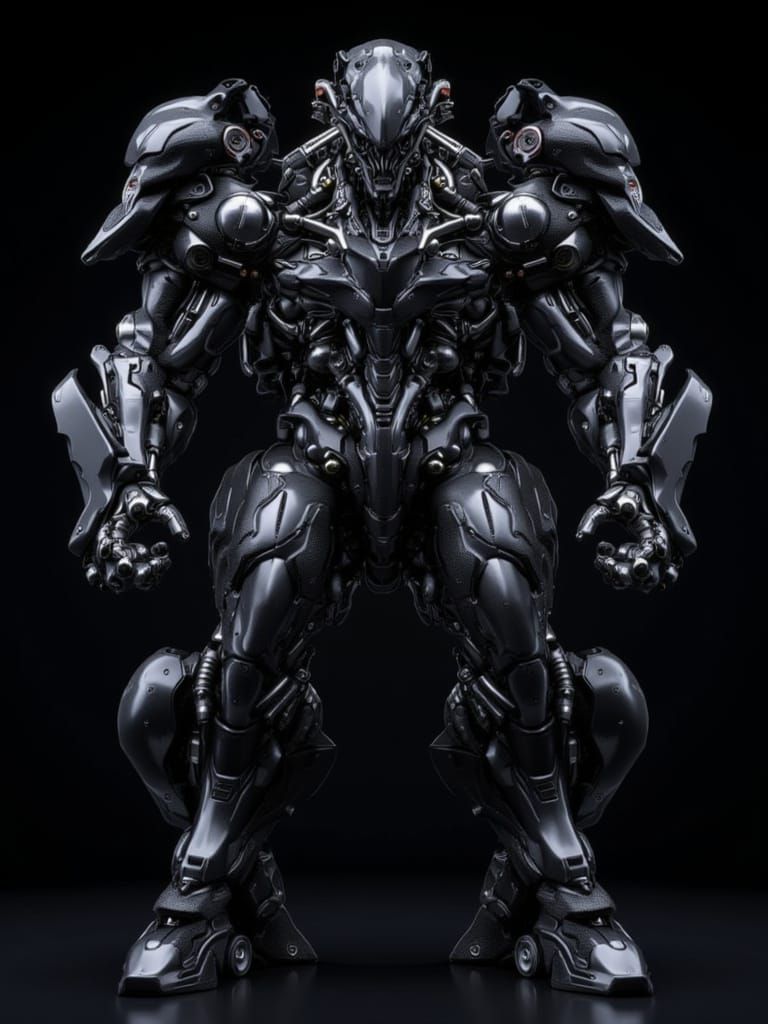 <lora:Organic Cyber Mecha:1.0> A hulking and muscular mech front view, black, dark background, professional lighting