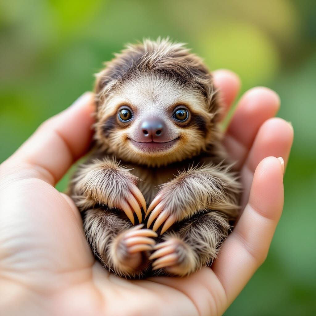 A tiny baby sloth with light brown-reddish fur, nestled in the palm of a hand. Full body, you can see ...  by @Joe