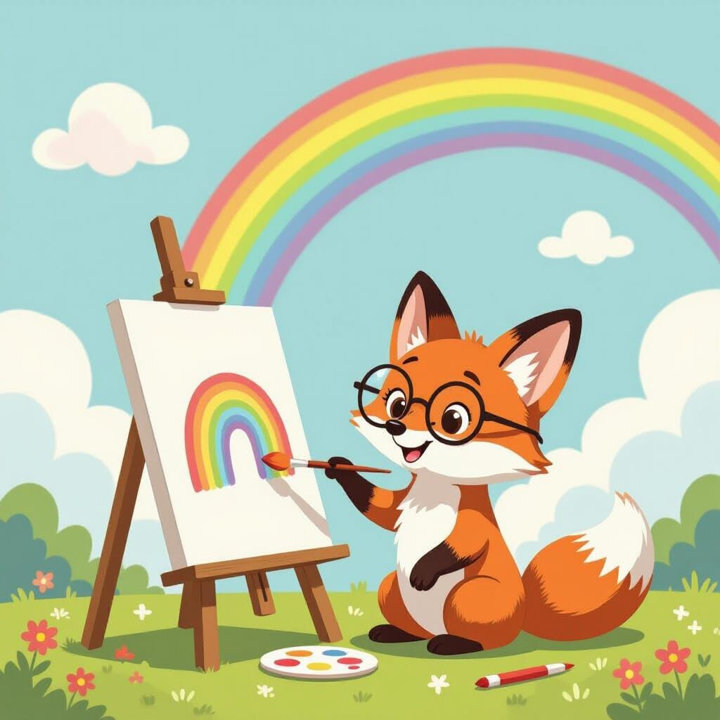 Whimsical Fox Artist Paints Rainbow From Canvas to Sky