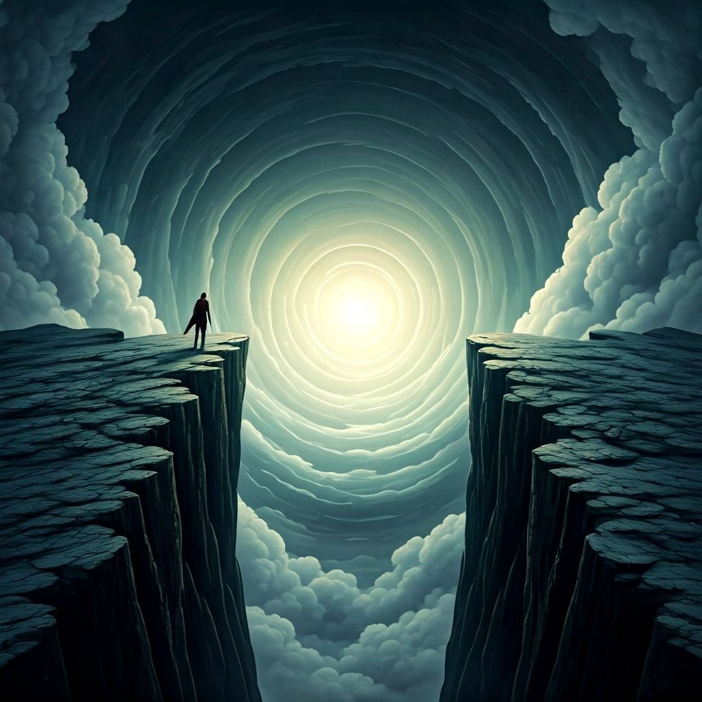 A lone figure stands on the edge of a dizzyingly high cliff, gazing down at a swirling vortex of clouds and mist below. The cliff face is ja...